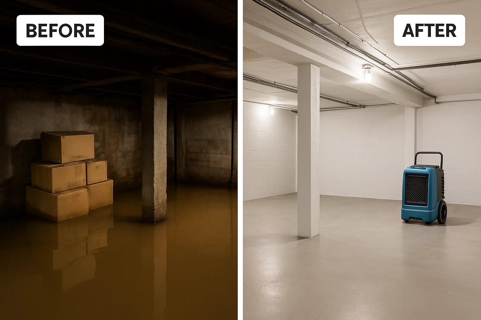 Before and after: flooded basement restored to dry, clean condition