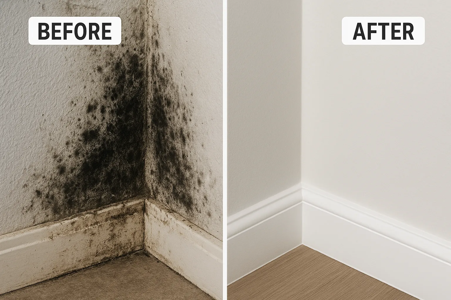 Before and after: black mold on drywall remediated and rebuilt