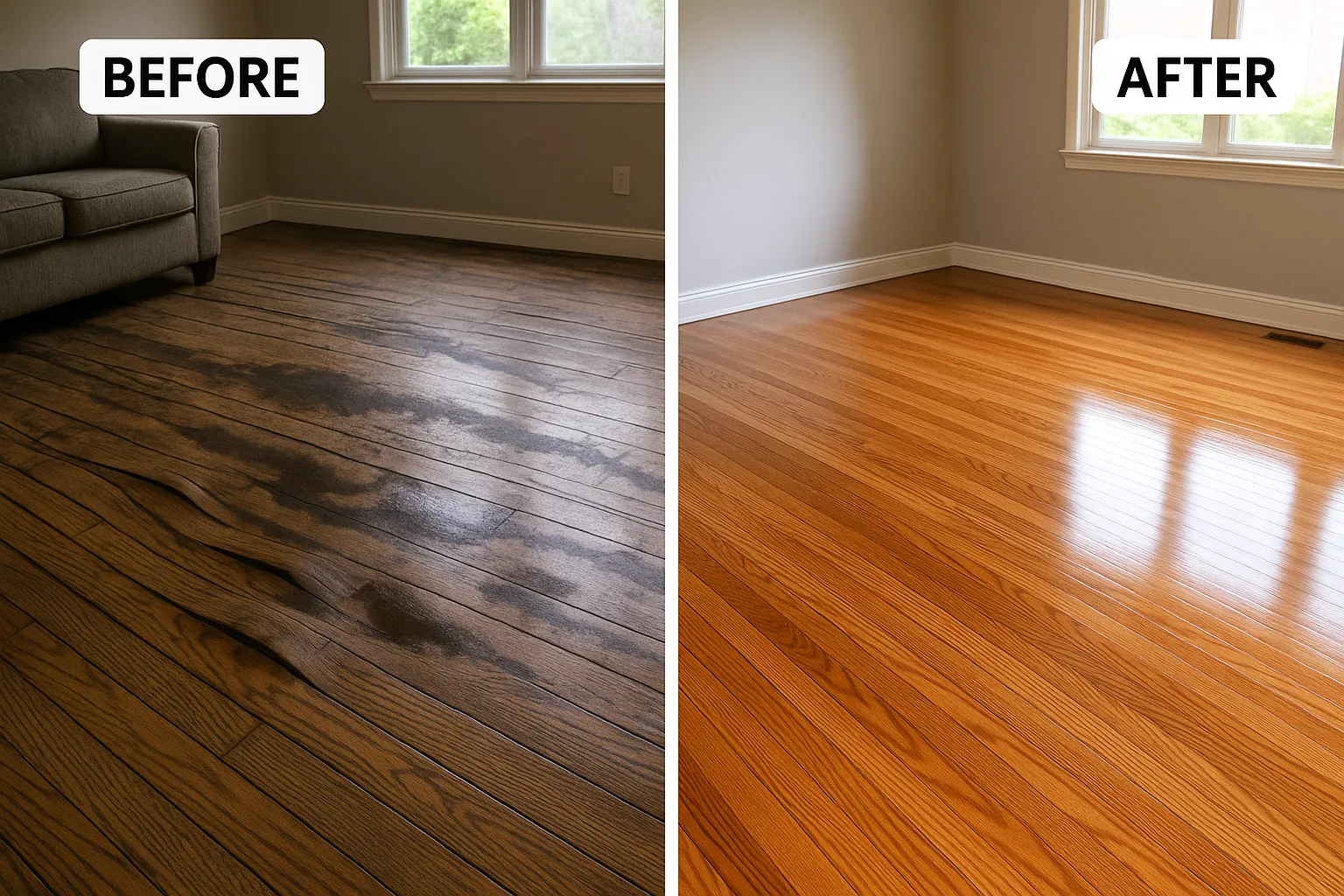 Before and after: saturated hardwood floor refinished
