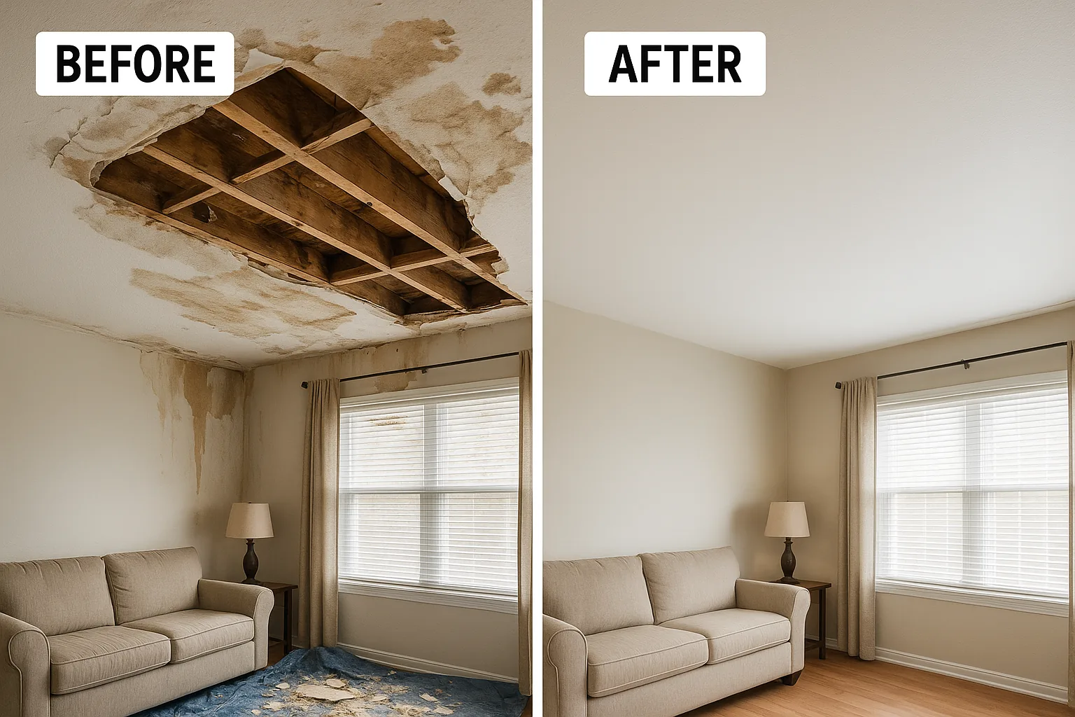 Before and after: water-damaged ceiling fully restored