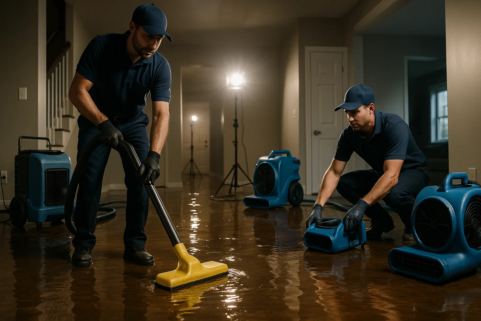 Water damage restoration crew working inside a flooded Tulsa home with extraction equipment